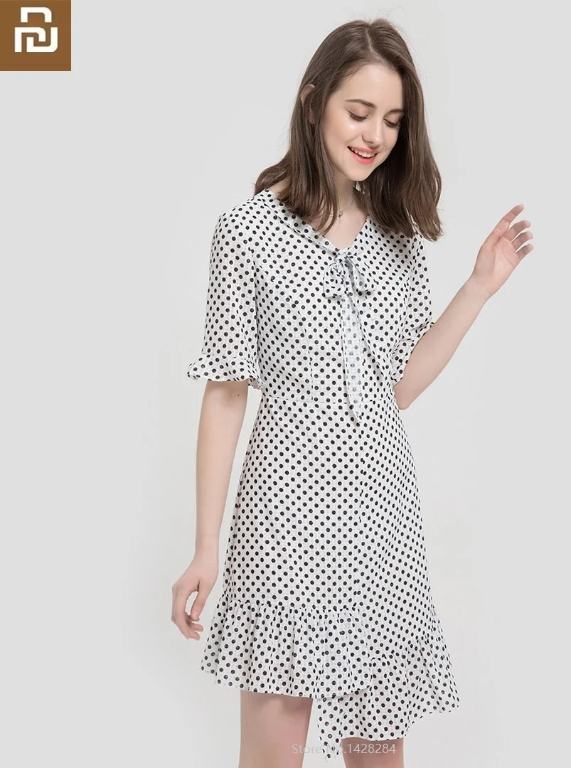 

New 10:07 elegant Fashion Bow Skirt Waist girl woman Polka dot V-neck Refreshing and comfortable Slim fit summer Female
