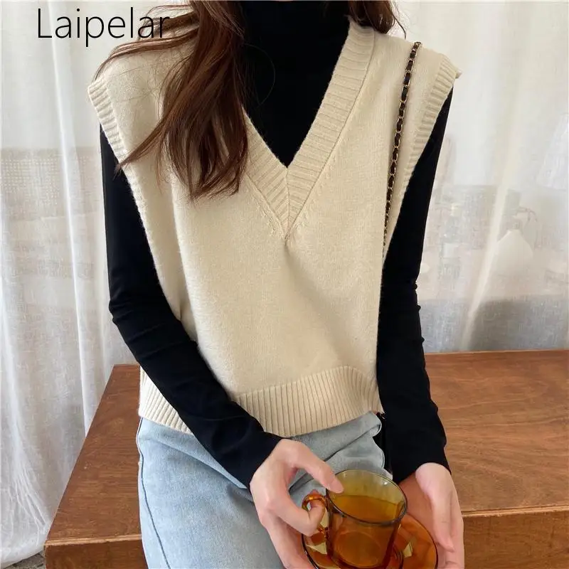

Осенний корейский Ретро Свободный жилет свитера для женщин Универсальный V-образный вырез однотонный цвет фотоэлемент женские шикарные эл...