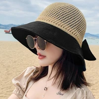 fashion hollow out sun hats women bow cap wide brim floppy summer bucket hats female straw hat outdoor visor bonnet beach caps