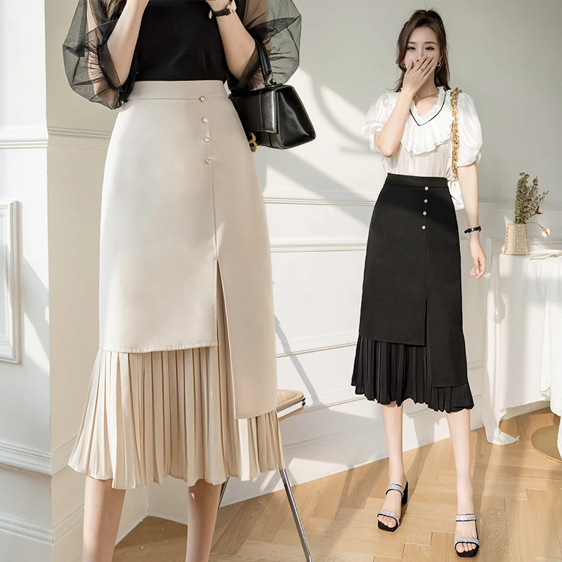 

Korean Ladies Pleated Skirt Spring Autumn High Waist Irregular Saia Midi Jupe Longue Femme Faldas Largas Mujer Bohemia Skirt