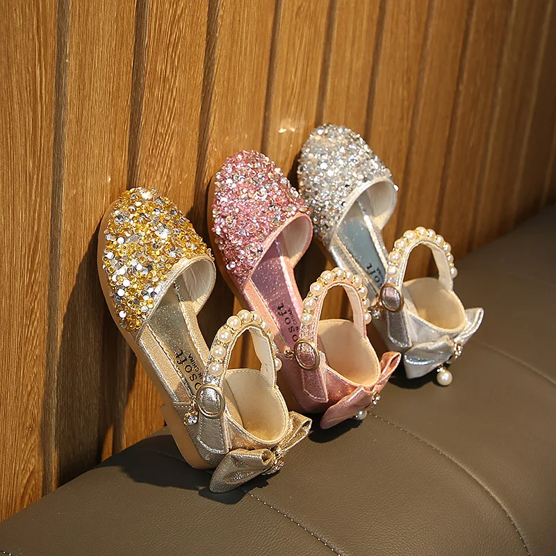 Вечерние туфли принцессы с бусинами и бантом для девочек золотистые/Серебристые