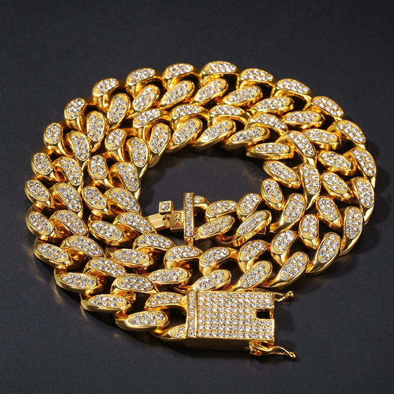 Gold Necklace Хип-хоп 1 комплект 20 мм полный тяжелый Iced Out проложили Стразы кантри кубинская цепь CZ Bling Рэппер браслет ожерелья для мужчин ювелирные изделия - Окраска металла: Gold Necklace