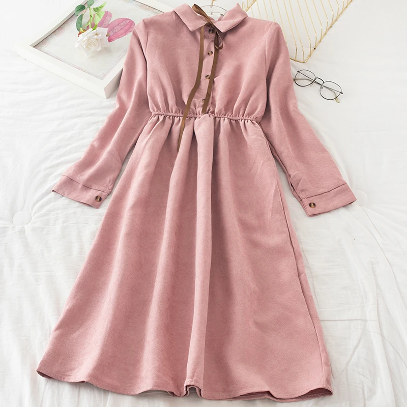 Платье женское винтажное до середины икры с высокой талией и длинным