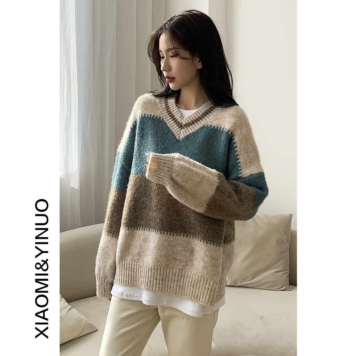 

Женский утепленный свитер свободного кроя в стиле оверсайз с V-образным вырезом, трикотажный джемпер контрастных цветов, зима 2019