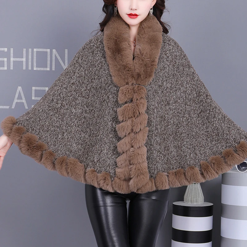 

Winter Warm Plus Size Women Faux Rabbit Fur Cardigan Big Pendulum Cape Fashion Printed Poncho With Sleeves Outstreet Coat