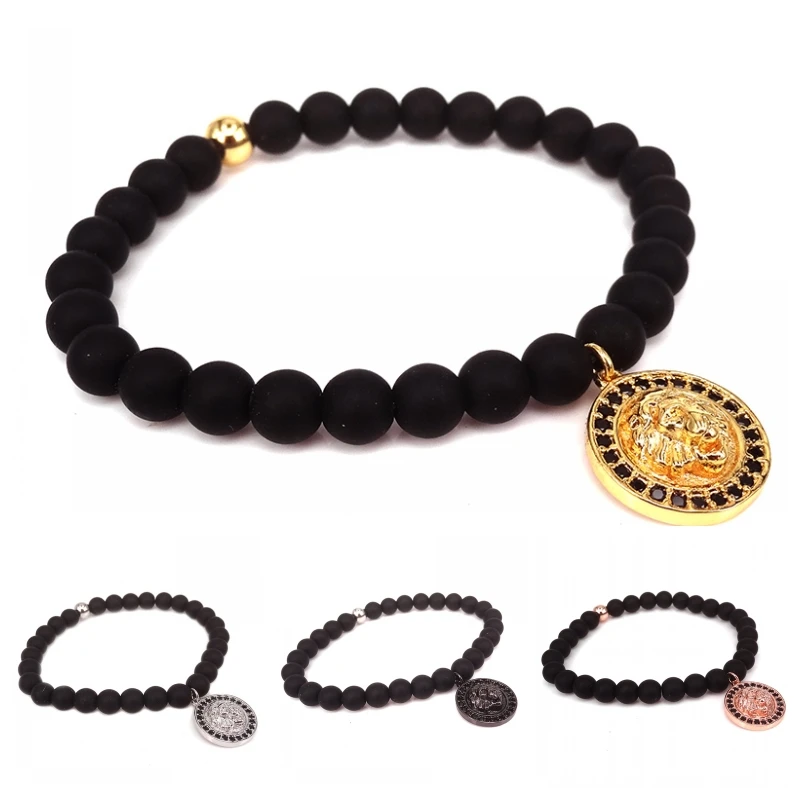 2021 Matte Onyx Bracelet 24K Gold Lion Head Bead Beaded Bracelets Charm Natural Stone Men Jewelry Pulseras Hombre | Украшения и