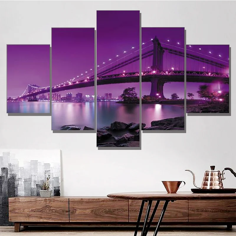 Модульный холст HD печать 5 шт/шт город фиолетовый ночная картина рамка настенные