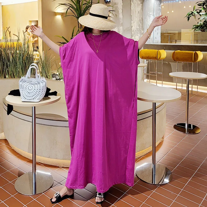 

SuperAen Summer New Solid O Neck Casual Batwing Sleeve Loose Slim Medium and Long Bf Plus Size Ankle-Length Dresses for Women