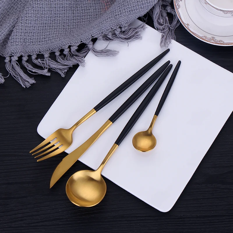 

Luxury Tableware Black Gold Dinnerware Set Stainless Steel Spoons Knives Forks Set Kitchen Utensils Travel Cutlery Sets Flatware