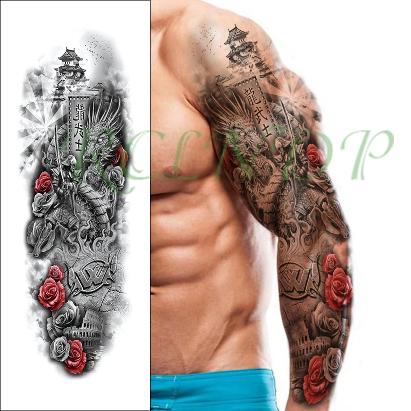 Водонепроницаемая Временная тату наклейка цветок воин Дракон башня китайская