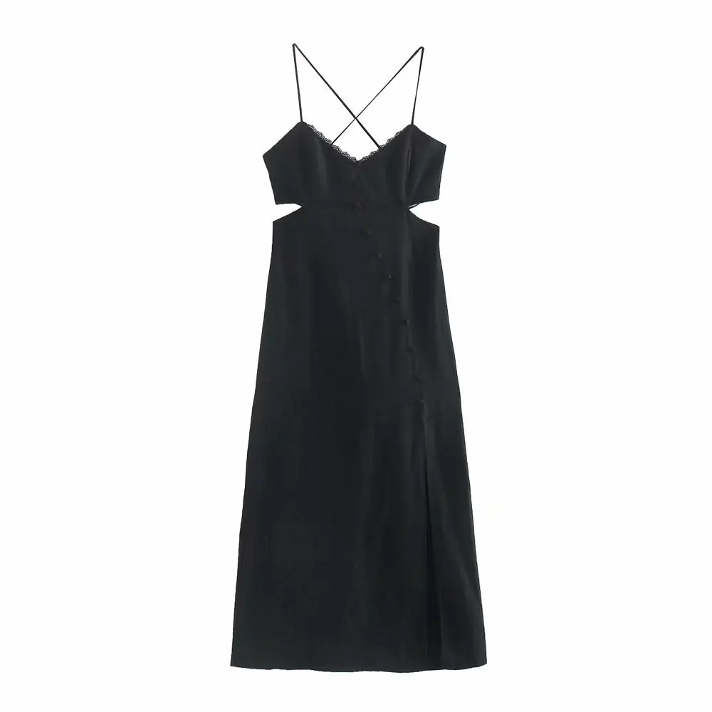 

Женское платье с V-образным вырезом, кружевной вырез на талии и разрезом