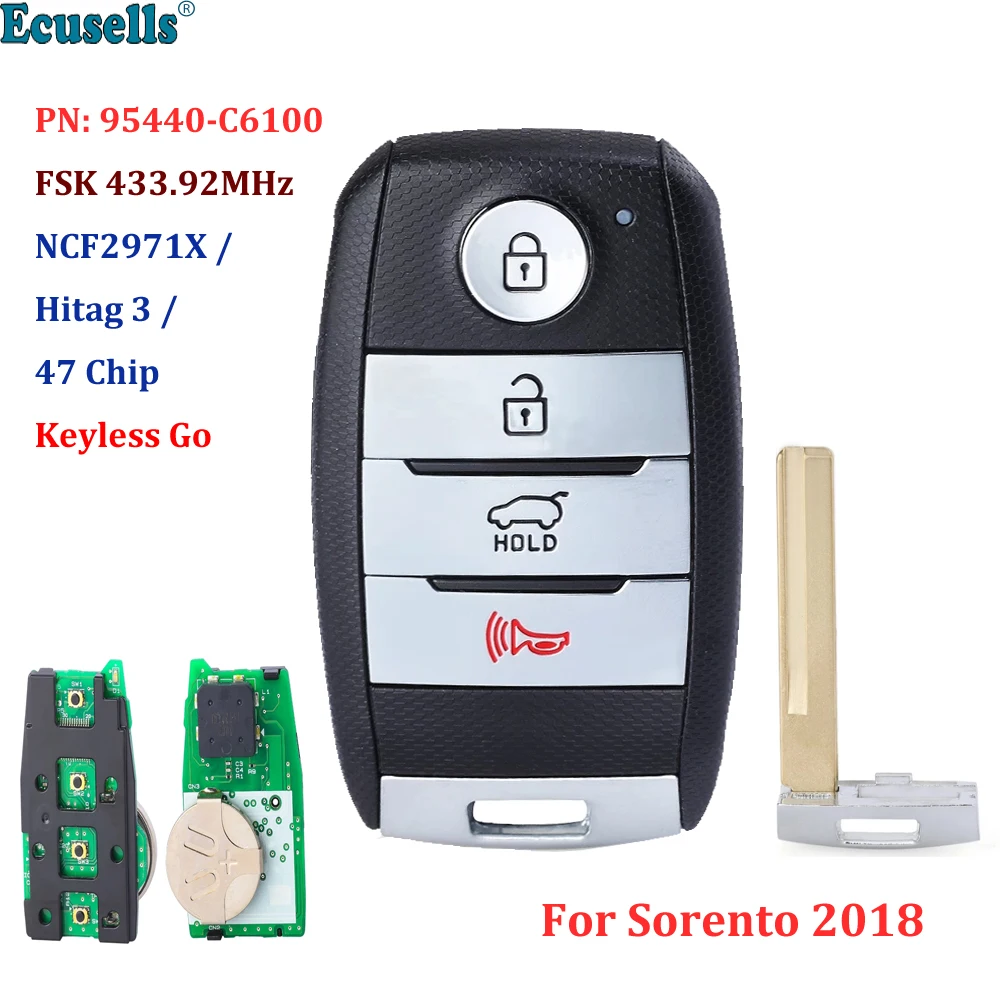 

3+1/4 Button FSK 433.92MHz Keyless-Go Smart Remote Key Fob (SUV) NCF2971X / HITAG 3 / 47 CHIP PN: 95440-C6100 for 2018 Sorento