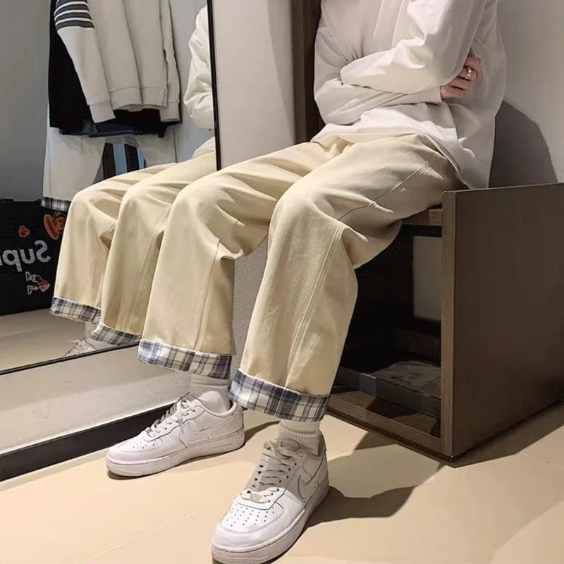 Houzhou – women's plaid pants loose Korean fashion white oversized Harajuku street wear wide legs black casual beige | Женская