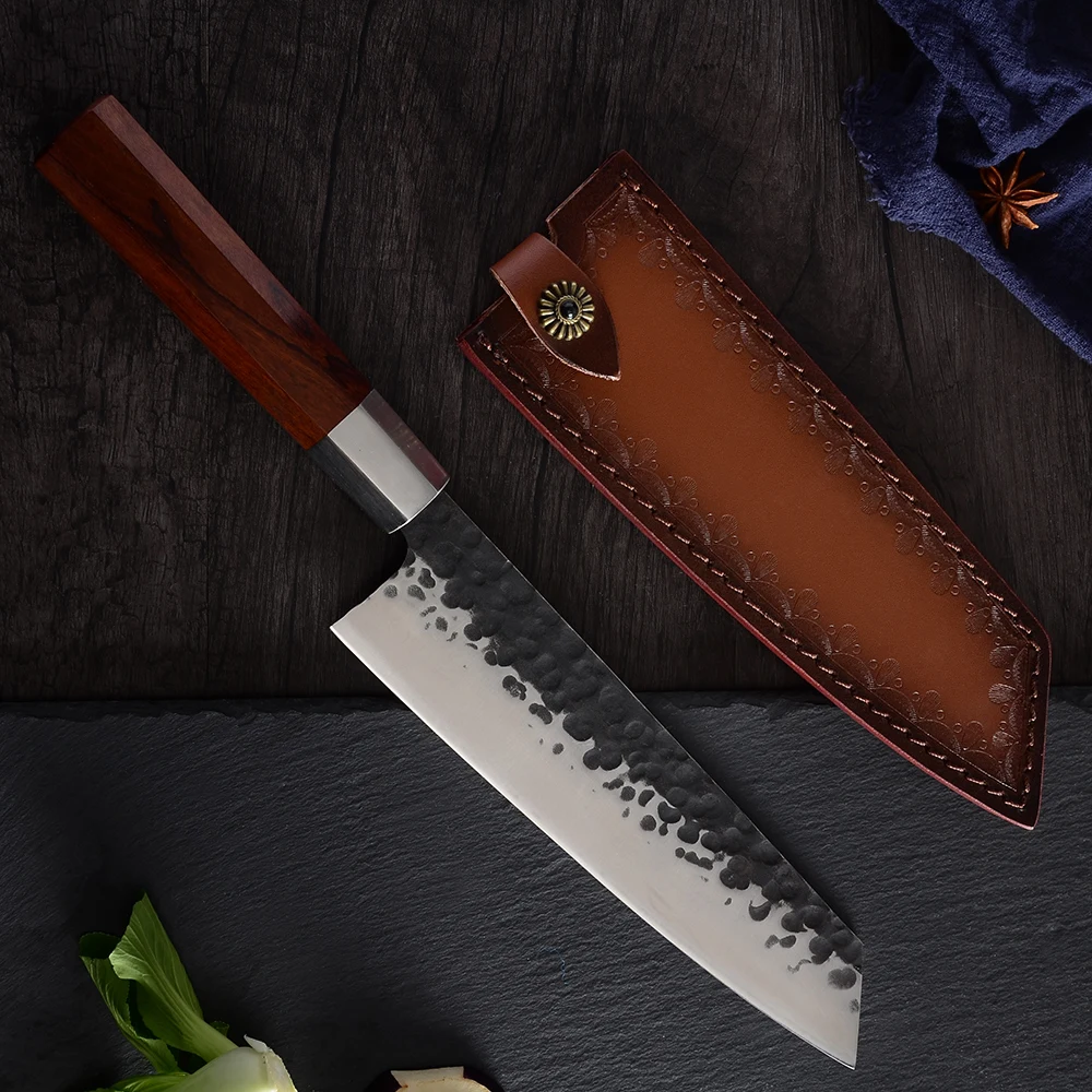 Набор кованых кухонных ножей ручной работы QING с кожаными обложками молоток нож