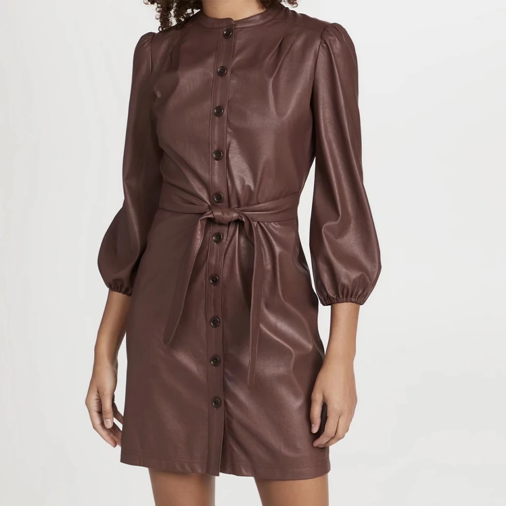 

Женское платье с поясом Za, однотонное платье из искусственной кожи с круглым вырезом и длинными рукавами, осень 2021