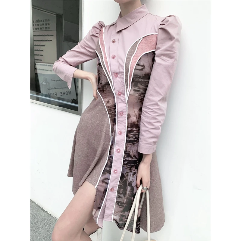 

Женское асимметричное платье-рубашка, розовое повседневное мини-платье на пуговицах с длинным рукавом, модель XC277 на весну 2021