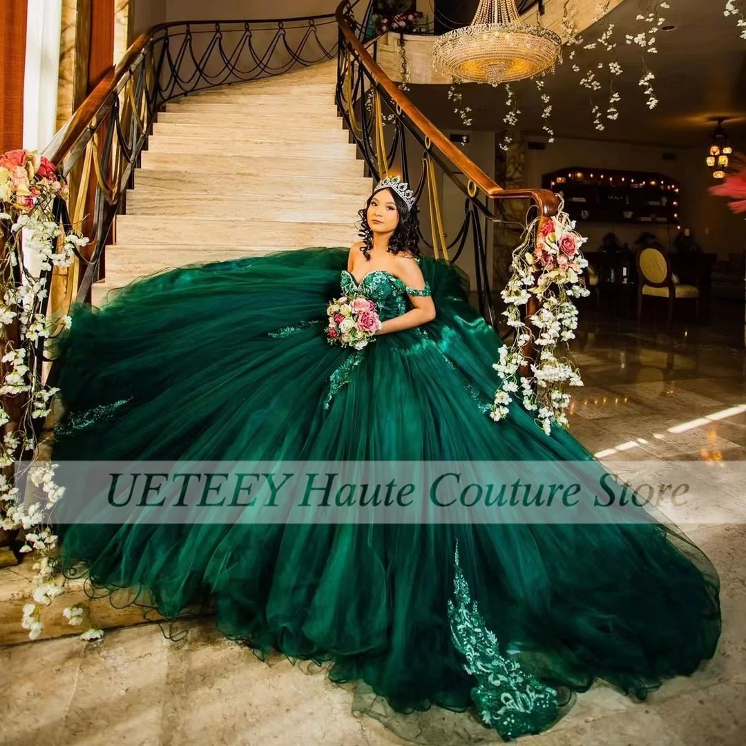 Abito Quinceanera verde smeraldo per ragazza Sweetheart paillettes abito da ballo in pizzo Appliques abiti da festa abiti da 15 °