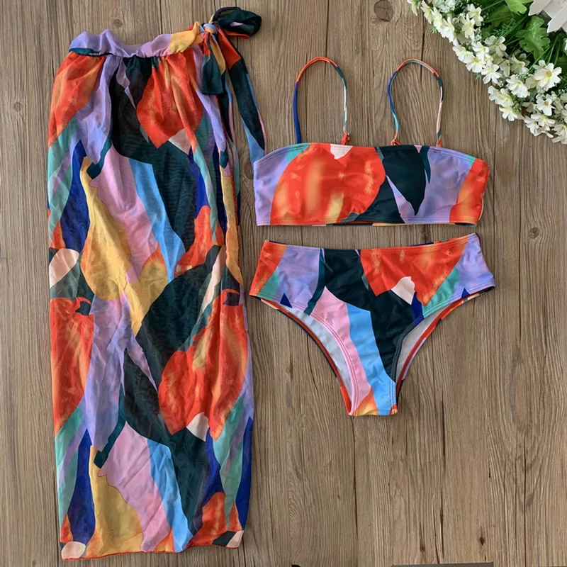

3 Piece Bikini Set 2021 New Swimsuit Women Push Up Bikini Swimwear High Waist Beach Wear Women Bathing Suit Swimsuits Colorful