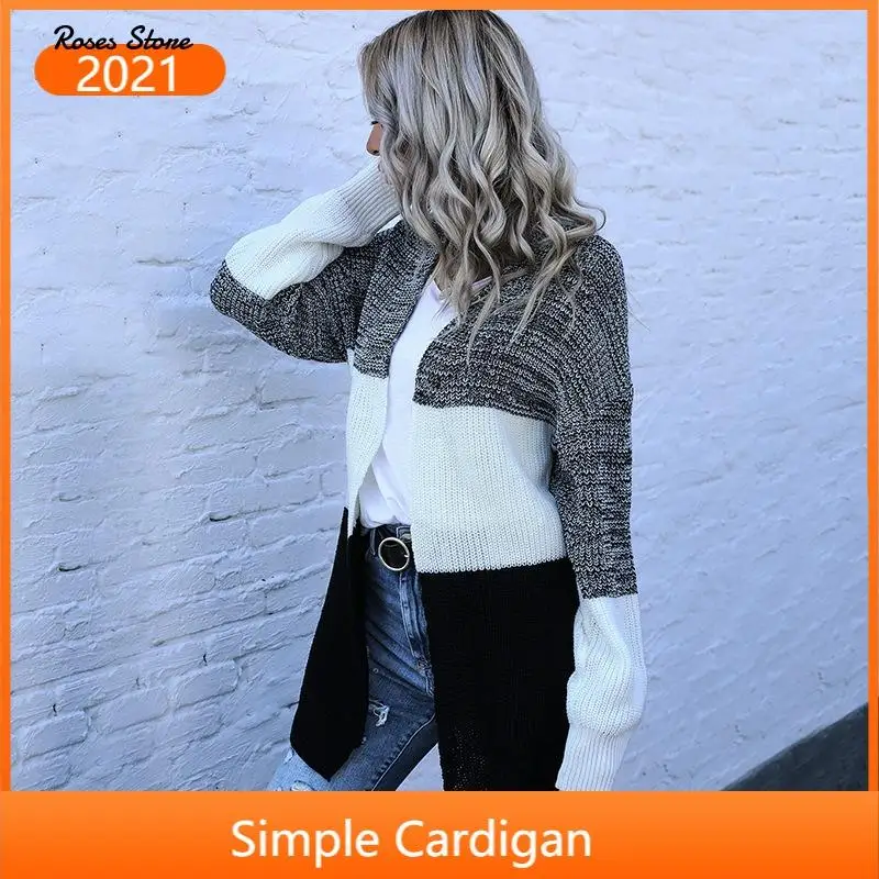 

Women's Knitted Cardigan Long Sleeve V Neck Open Front Sweaters Color Blocked Tops for Ladies Winter Spring Clothes Grey Coats