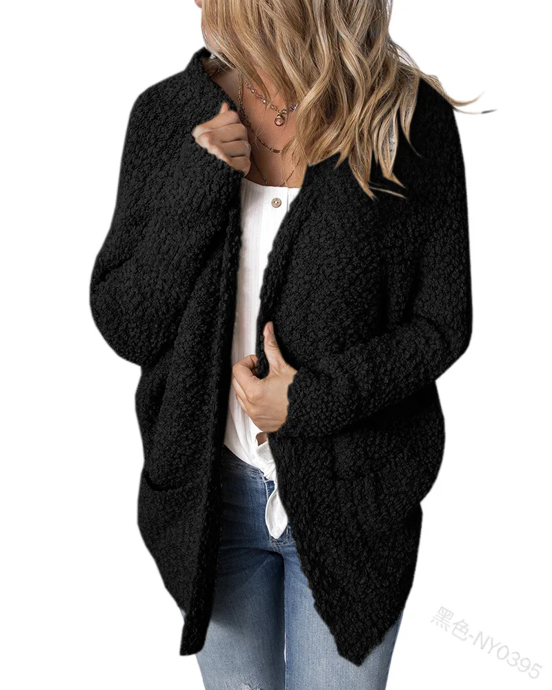 

Women Cardigan Solid Color Lamb Velvet Sexy Loose Knit Long-sleeved Round Neck Pocket Spring and Autumn British Sweater Coat