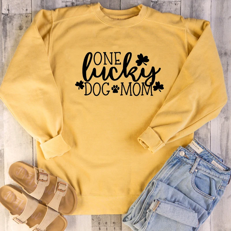 Casual Graphic Quote Pullovers Dog Lovers Women Fashion Mother Day Gift Vintage Tops One Lucky Dog Mom Sweatshirt