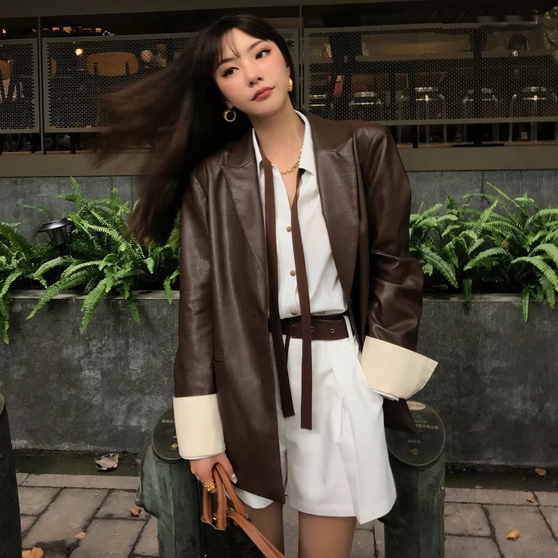 Кожаная куртка Женская корейская мода OL кожаные блейзеры для женщин Harajuku уличная