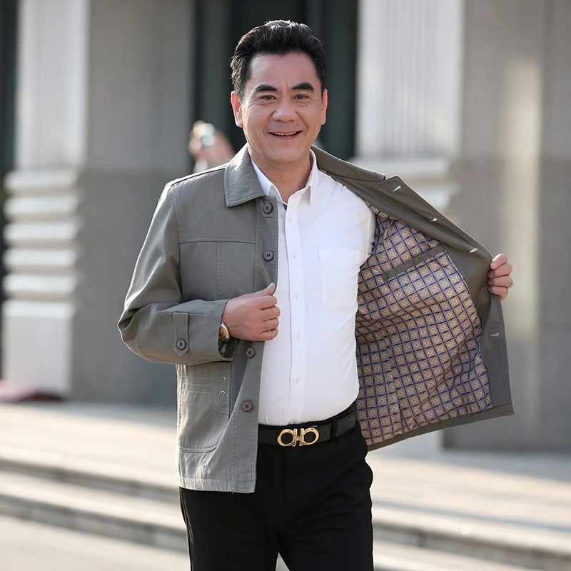 

Father Cotton Jacket Men Autumn Spring Casual Coat Dark And Light Khaki Outerwear Man Turn Down Collar Single-breasted Jackets