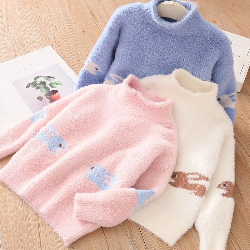 

Baby Little White Rabbit Sweater 2022 Fall/Winter New Style Girls Children Half Turtleneck Knitwear Toddler Cute Sweaters 3-9Y