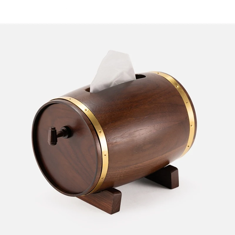 

Персонализированная деревянная коробка для бумажных салфеток в форме винного бочонка, черный орех, классическое украшение для бара, цилиндрическая ясень, Дерево коробки для салфеток