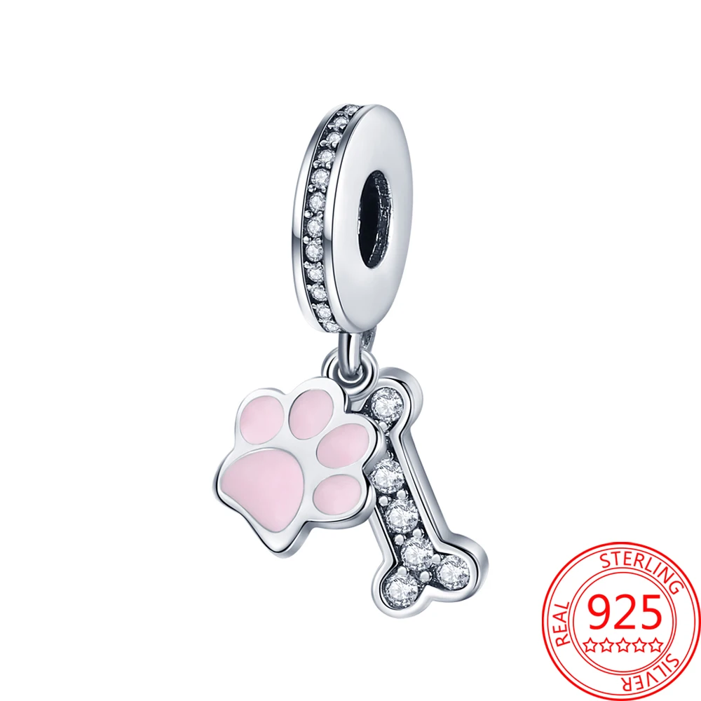 Genuine 925 Sterling Silver Pink Enamel Paw Print and Dog Bone Charm Fit Pandora Bracelet Making DIY Girls Jewelry