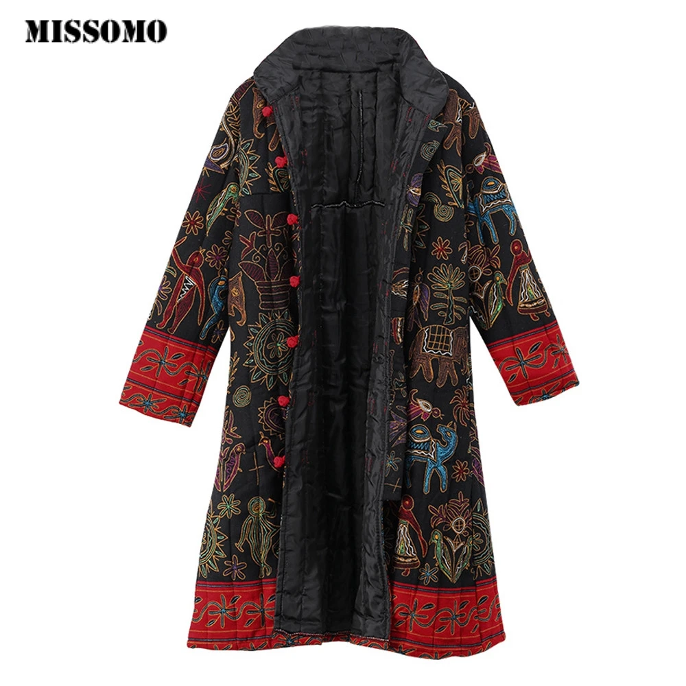 MISSOMO зимняя куртка для женщин, пальто, парка, свободные, с длинным рукавом, винтажный принт, пуговицы, макси, длинные пальто и куртки, женская верхняя одежда, 9