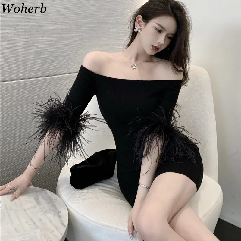 Сексуальное женское платье Woherb Осеннее черное шикарное Облегающее вязаное