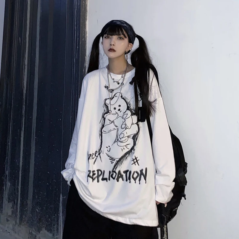 

2021 Black Long Sleeve Tshirt Streetwear Oversized Cartoon T Shirt Harajuku Long Sleeves Tops Funny Casual Gothic Tshirt Female