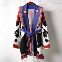 spring autumn fashion womens high quality jacquard cashmere cardigans chic women loose embroidery tassels knitted coat c613