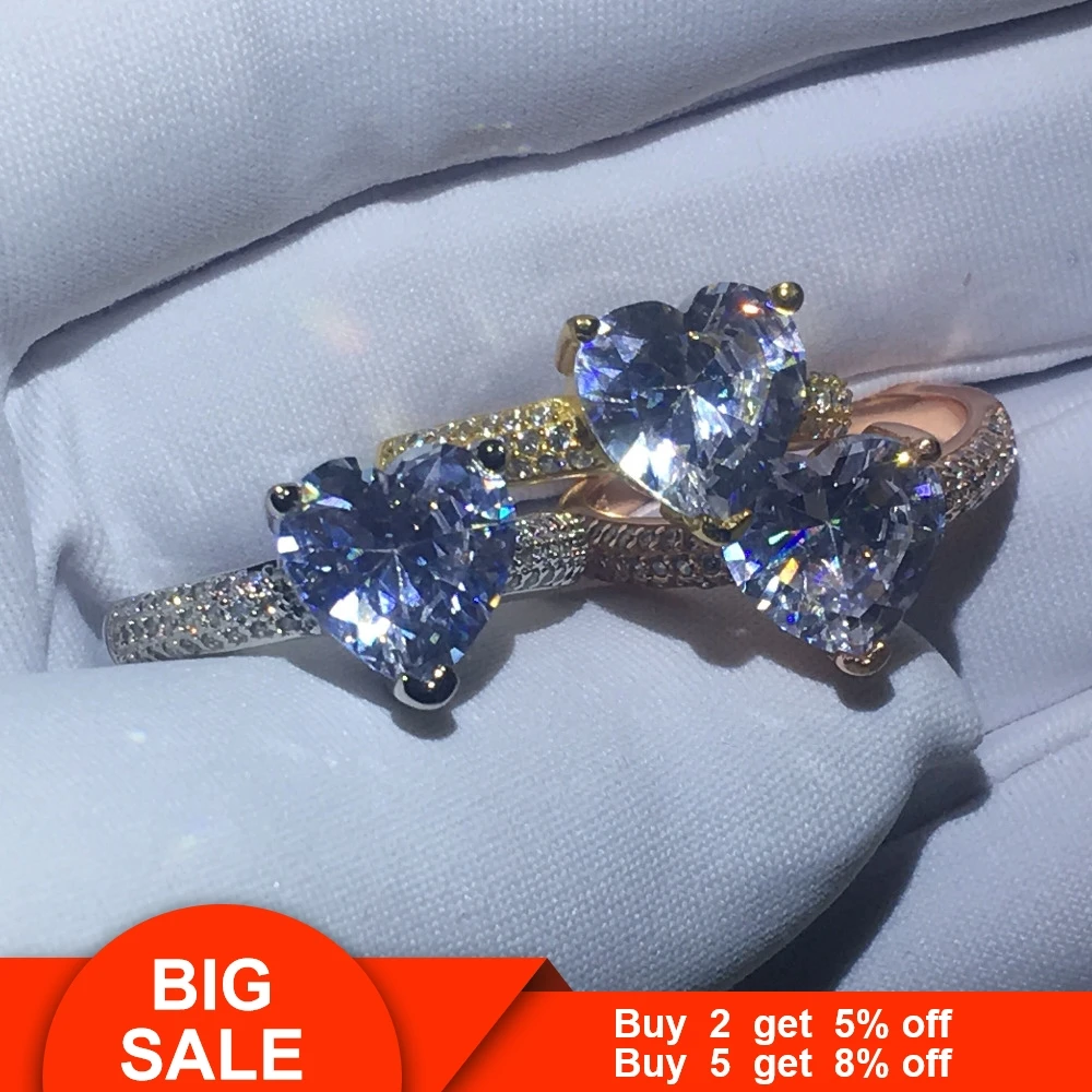 Vecalon 3 вида цветов кольцо в форме сердца 5A Циркон Cz Стерлинговое Серебро 925 пробы