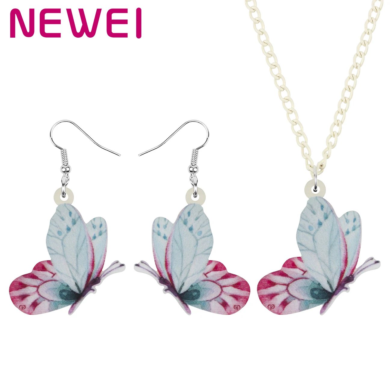 

Newei Acrylic Flying Blue-pink Butterfly Jewelry Sets Cute Animal Insect Long Necklace Earrings For Women Girls Kid Trendy Gift