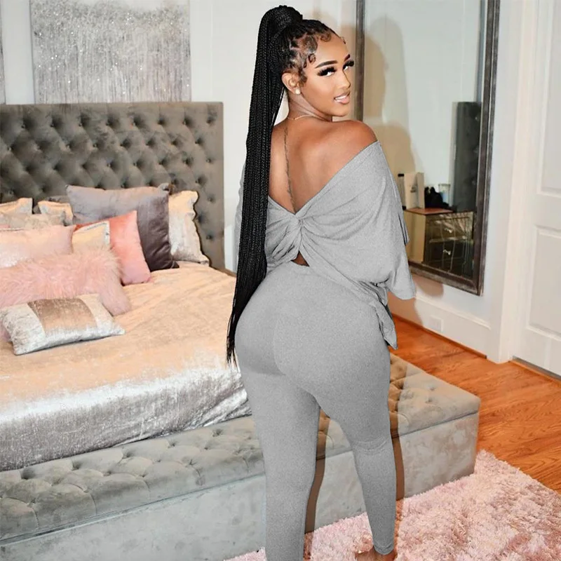 

DSMTRC Workout Sportswear Bat Sleeve Grey Casual Matching Set For Women Clothing Wrapped Loose Top And Leggings Two Piece Sets