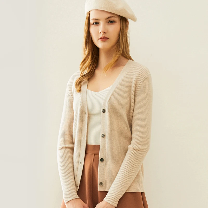 

Women V-neck Long Sleeve Cardigans 100% Merino Wool Knitting Winter Warm Sweater 2020 New Woolen Thick 5Colors Female Jackets