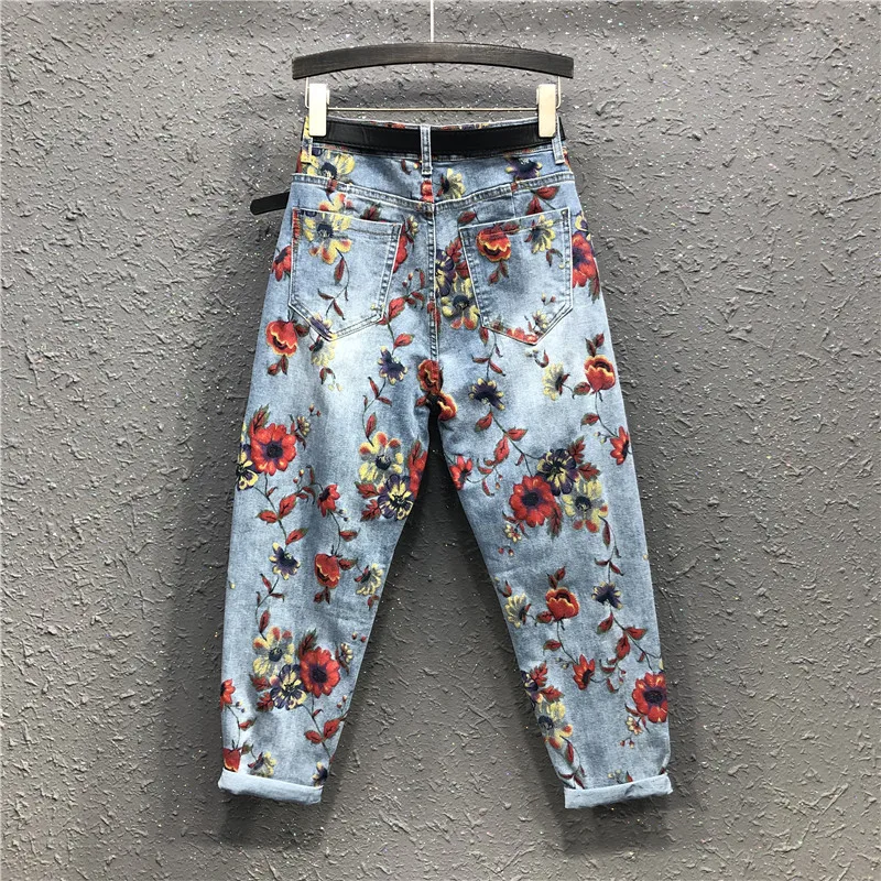 Flower jeans high waist fashion woman denim harem pants flower print loose cropped trousers women's | Женская одежда