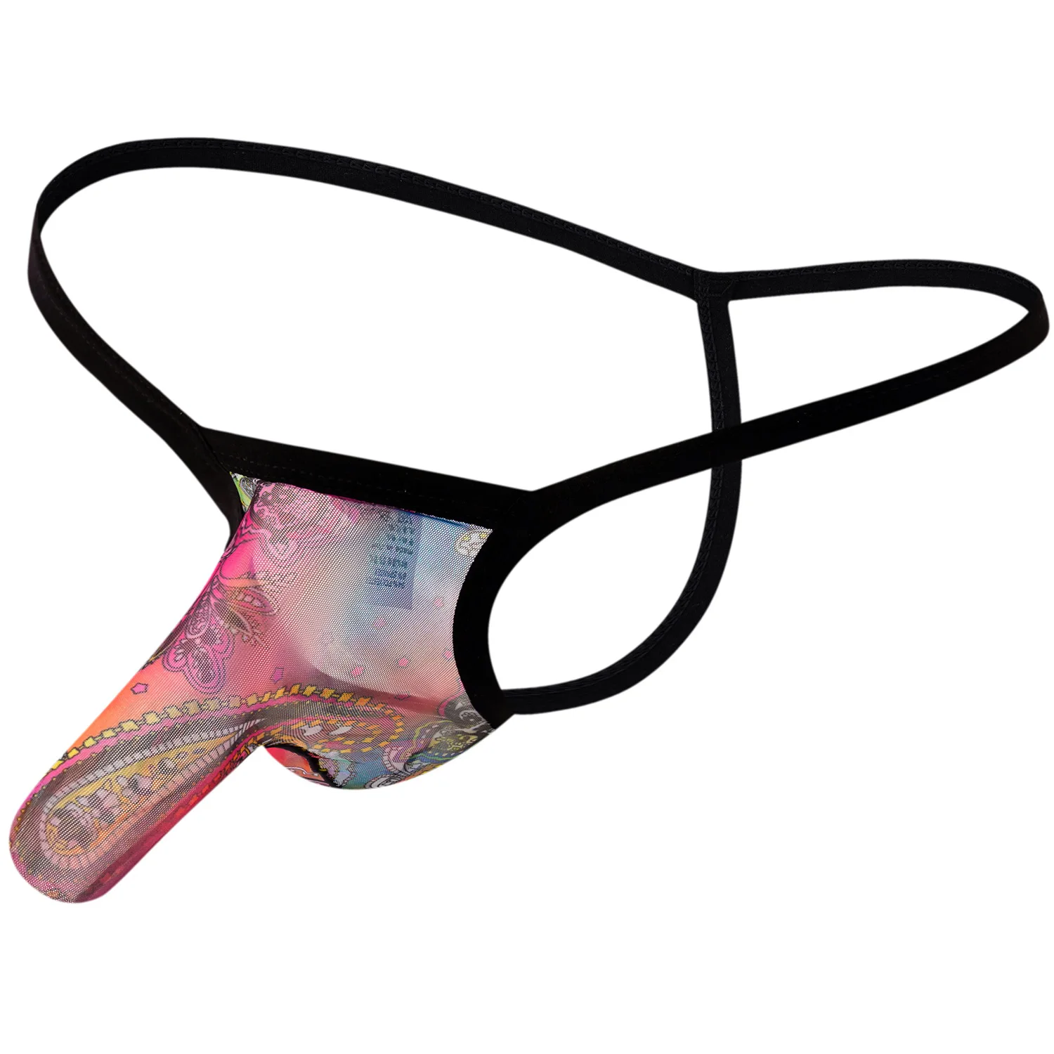 Мужские трусы стринги с принтом черные бикини в богемном стиле просвечивающие Т