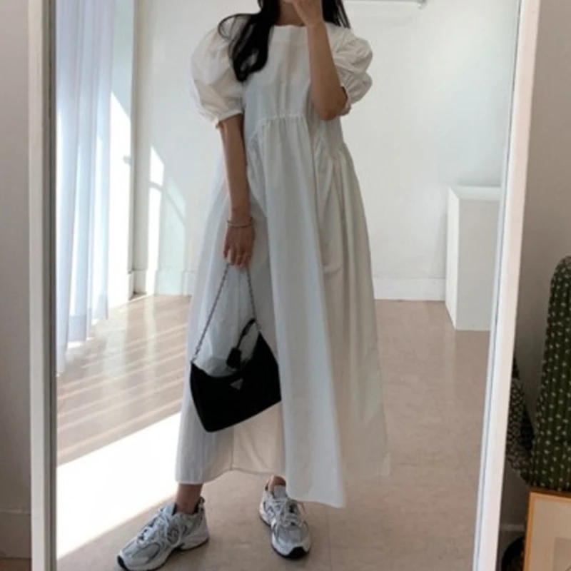 

2020 New Summer Women Vintage Loose High Waist Slim Was Thin Elegant Round Neck Pleated Design Maxi Dress