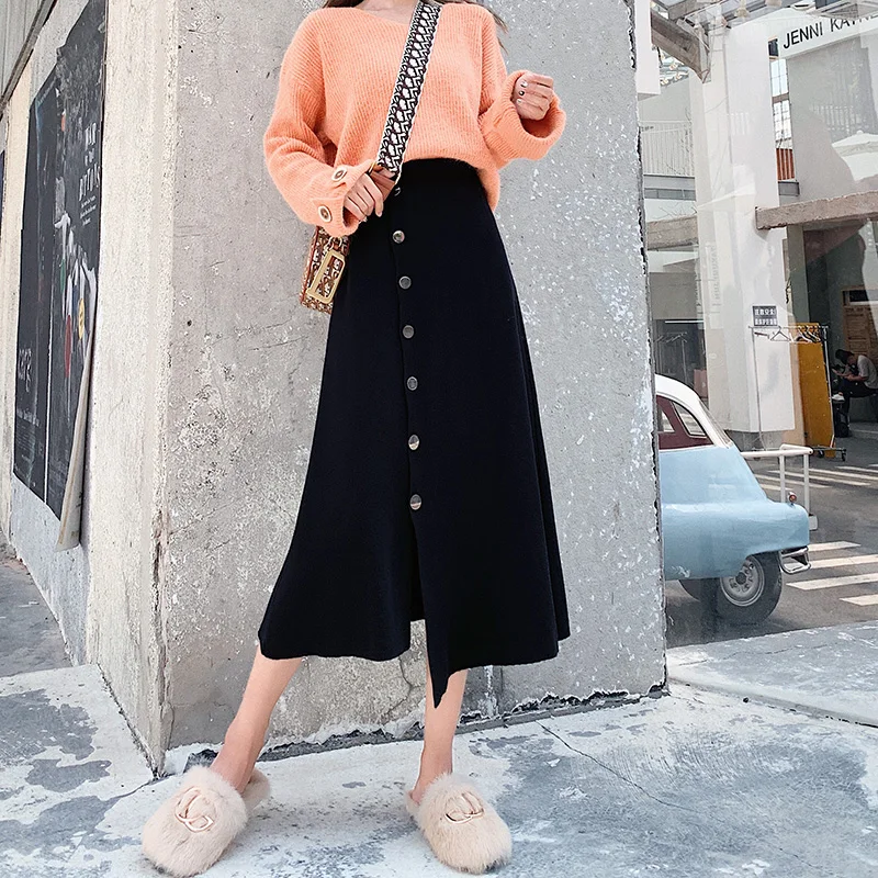 

WERUERUYU Women Knitted Skirt Autun Button Sexy Slim Bodycon Skirts Elastic High Waist Pencil Skirt Ribbed Long MIDI Skirt