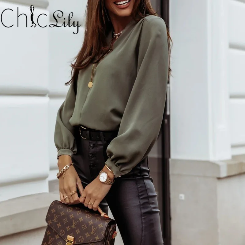 

Chiclily Long Sleeve Solid Color V-neck Office Lady Shirt Women Elegant Casual Blouse Fall 2020 Women