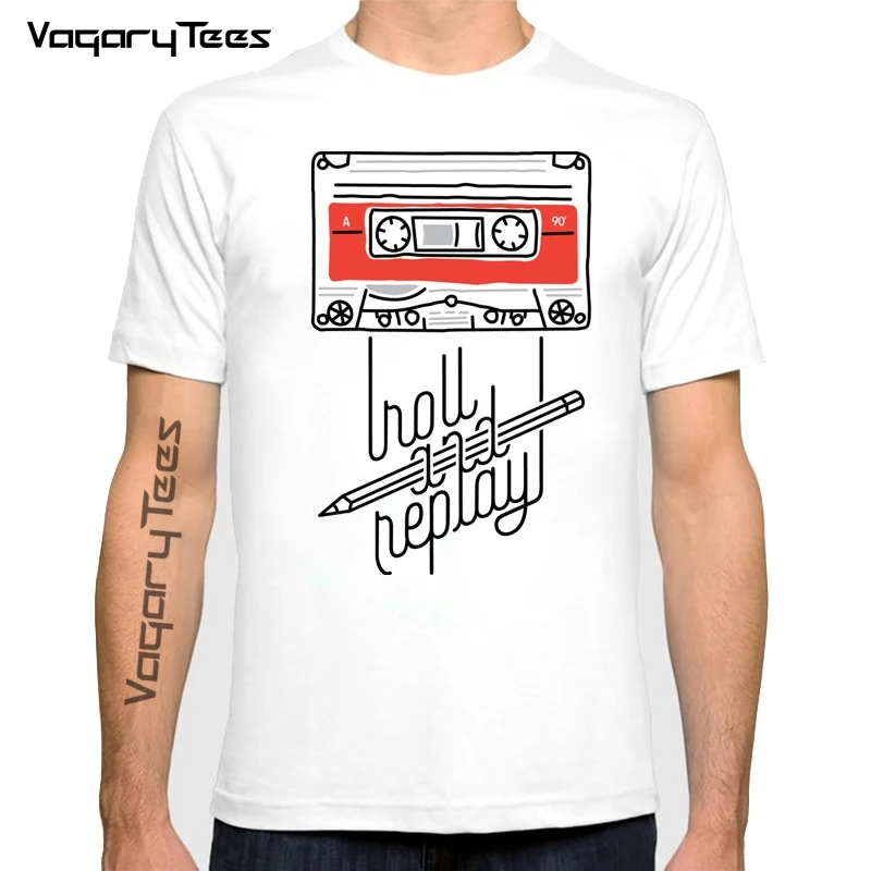 

Модные крутые хипстерские топы, летние футболки с принтом кассетной ленты, Мужская забавная футболка с надписью «Roll and Replay» для мужчин