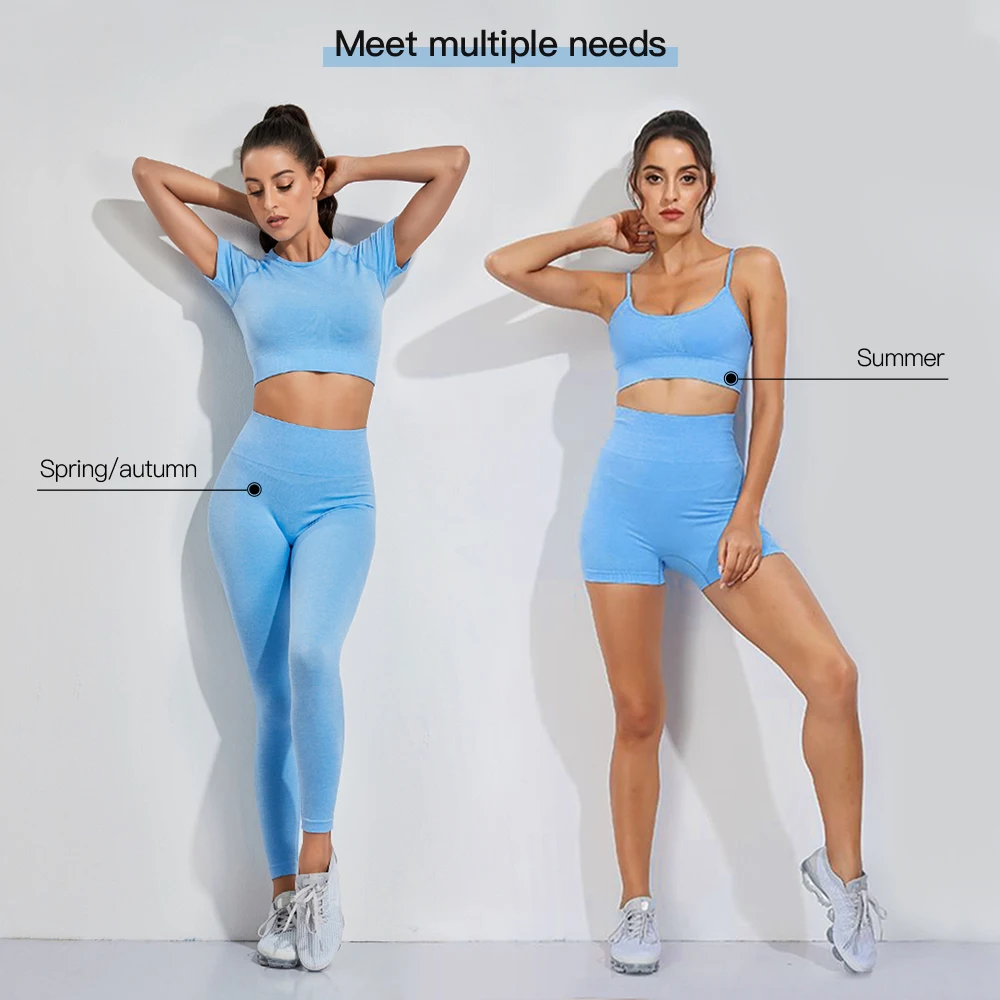 Комплект спортивный женский бесшовный с коротким рукавом и леггинсами | Спорт