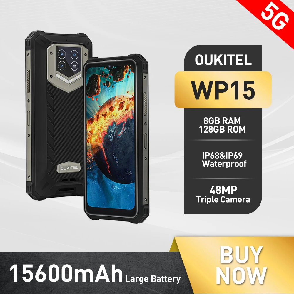 Oukitel WP15 Rugged 5G Smartphone 15600mAh Android 11 Mobile Phone 6.5&quot HD+ Octa Core Cellphone MT6833 8GB+128GB Telephones NFC |