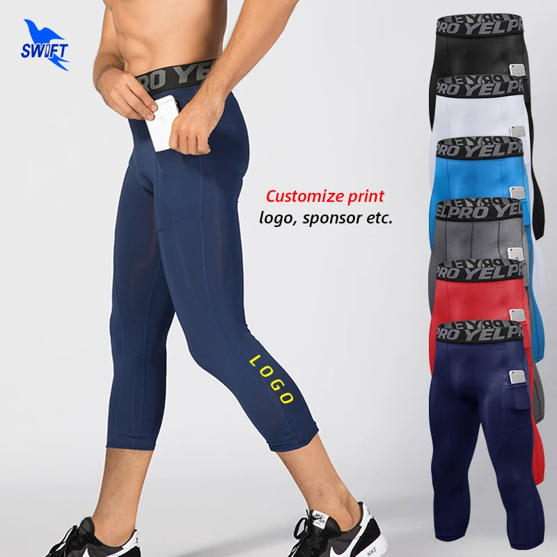 Men Sport 3/4 Running Pants with Mobile Pocket Capris Running Tights Gym Fitness Training Leggings Slim Cropped Trousers Custom