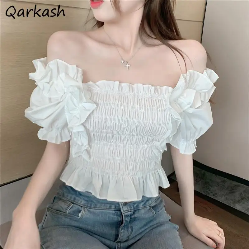 

Blouses Women Cute Summer Solid Edible Tree Fungus Slim Tops Teens Fashion Slash Neck All-match Crops Feminino Blusas De Mujer