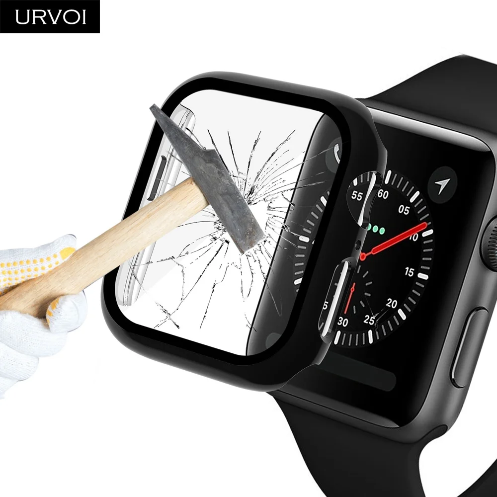 URVOI Защита экрана для Apple Watch 4 3 2 Чехол пластиковый бампер с закаленной пленкой iWatch