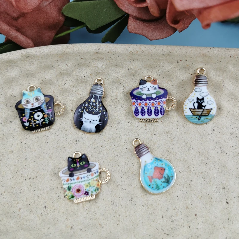 

10PCs Zinc Based Alloy Charms Pendant Cup Gold Multicolor Cat Enamel Romantic DIY For Necklace Bracelet Making Findings